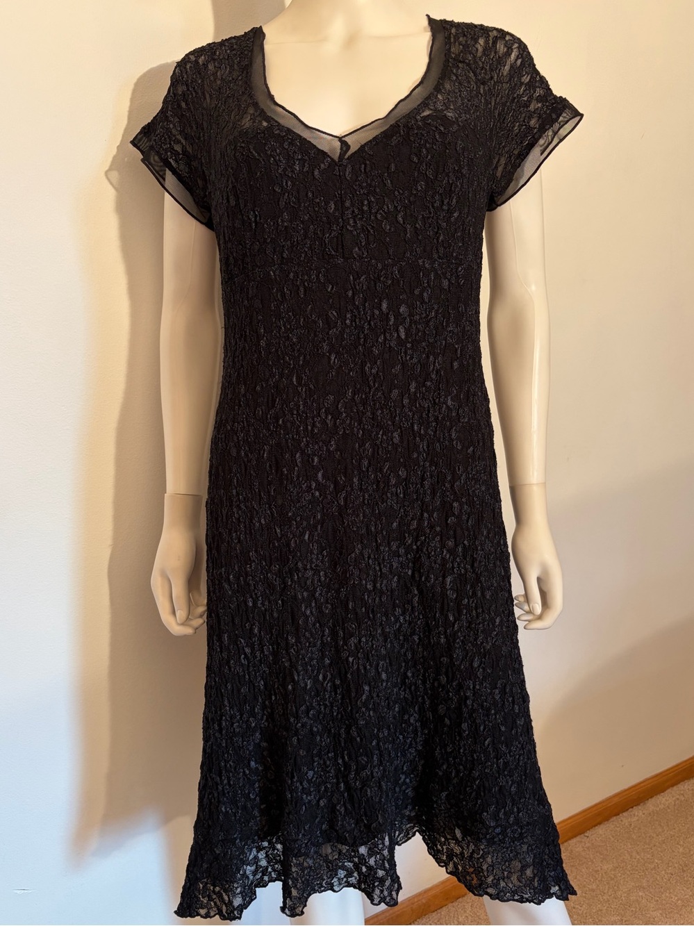 #939 Joseph Ribkoff Vintage Black Floral Lace  Midi Cocktail Dress w/ Sheer Trim